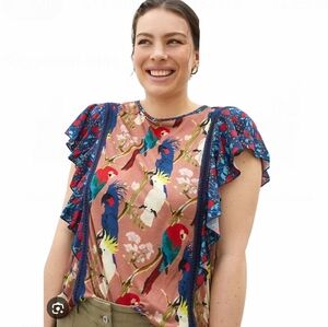 New Anthropologie Conditions Apply Parrot Cockatoo Cap Short Sleeve Blouse S